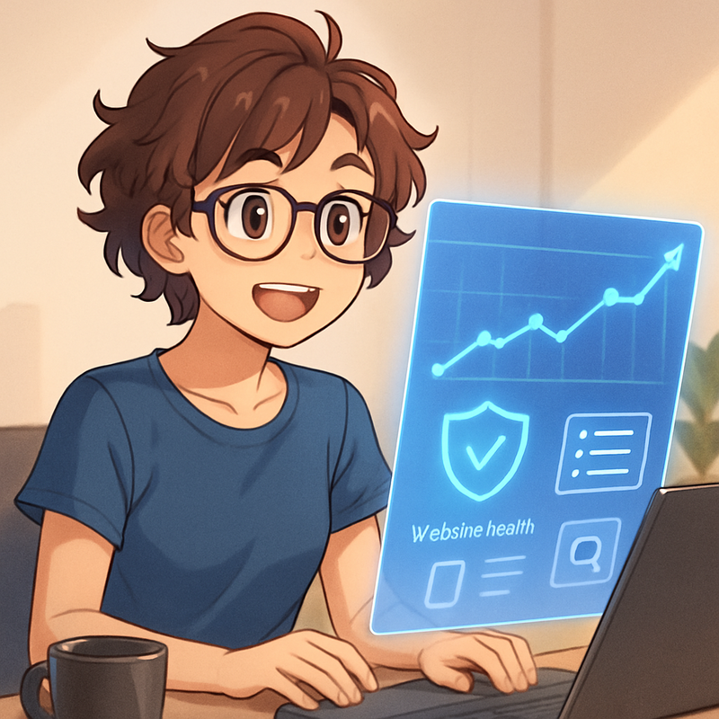 Een jonge vrouw in anime-stijl, Sofie Hu, kijkt glimlachend naar een zwevend scherm met SEO-gegevens zoals een groeiende grafiek en gezondheidsindicatoren van een website.