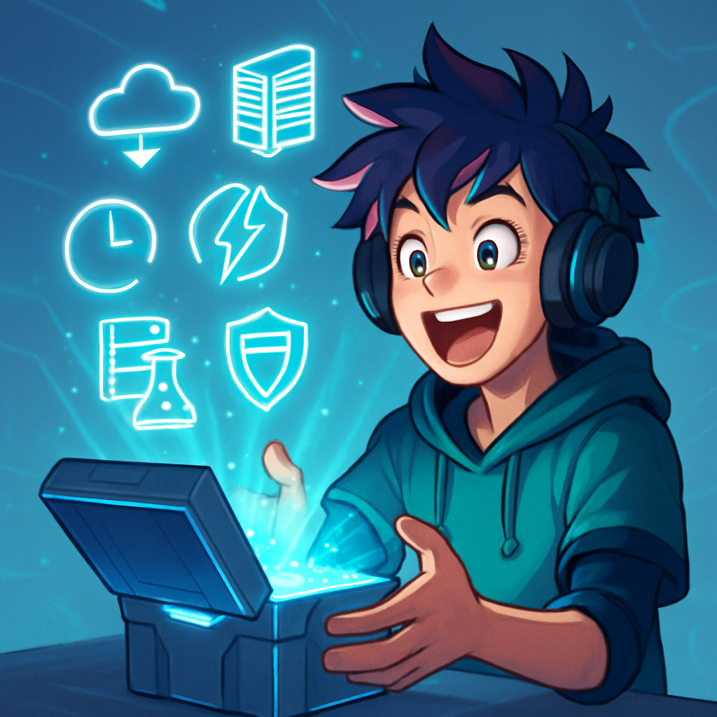 Anime-stijl illustratie van een gamer die een gloeiende loot box opent, met holografische iconen die geavanceerde Veeam features zoals cloud, replicatie, en instant VM recovery voorstellen.
