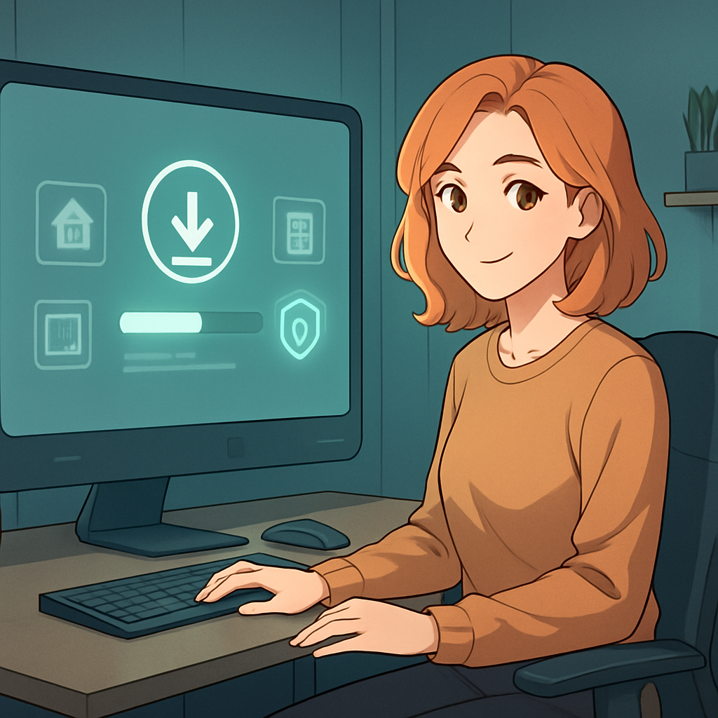 Een anime-karakter zit in een futuristische digitale studio voor een scherm met een downloadbalk en symbolen voor softwareversies en systeemvereisten, omringd door een serene sfeer van digitale veiligheid.