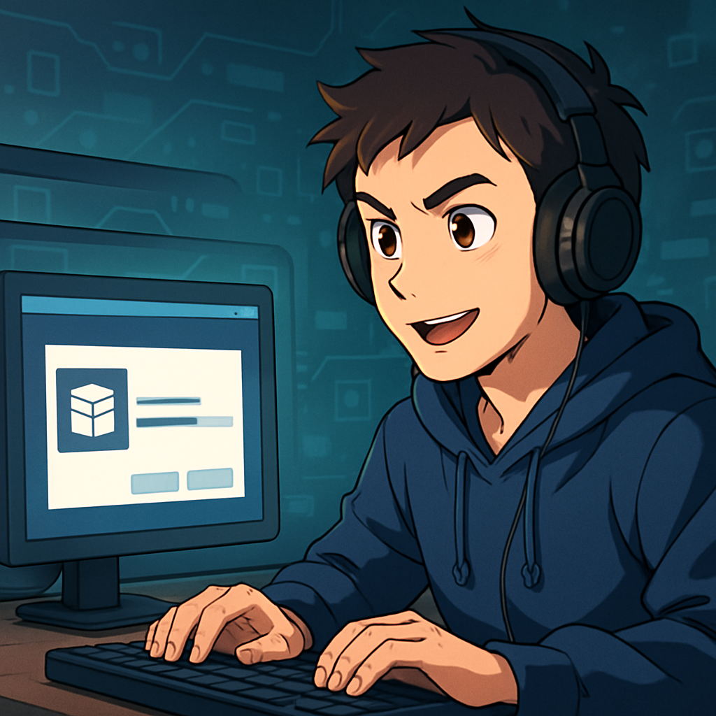 Een anime-stijl illustratie van een persoon die geconcentreerd naar een computerscherm kijkt waarop een software-installatiewizard of downloadbalk zichtbaar is, met game-elementen op de achtergrond.