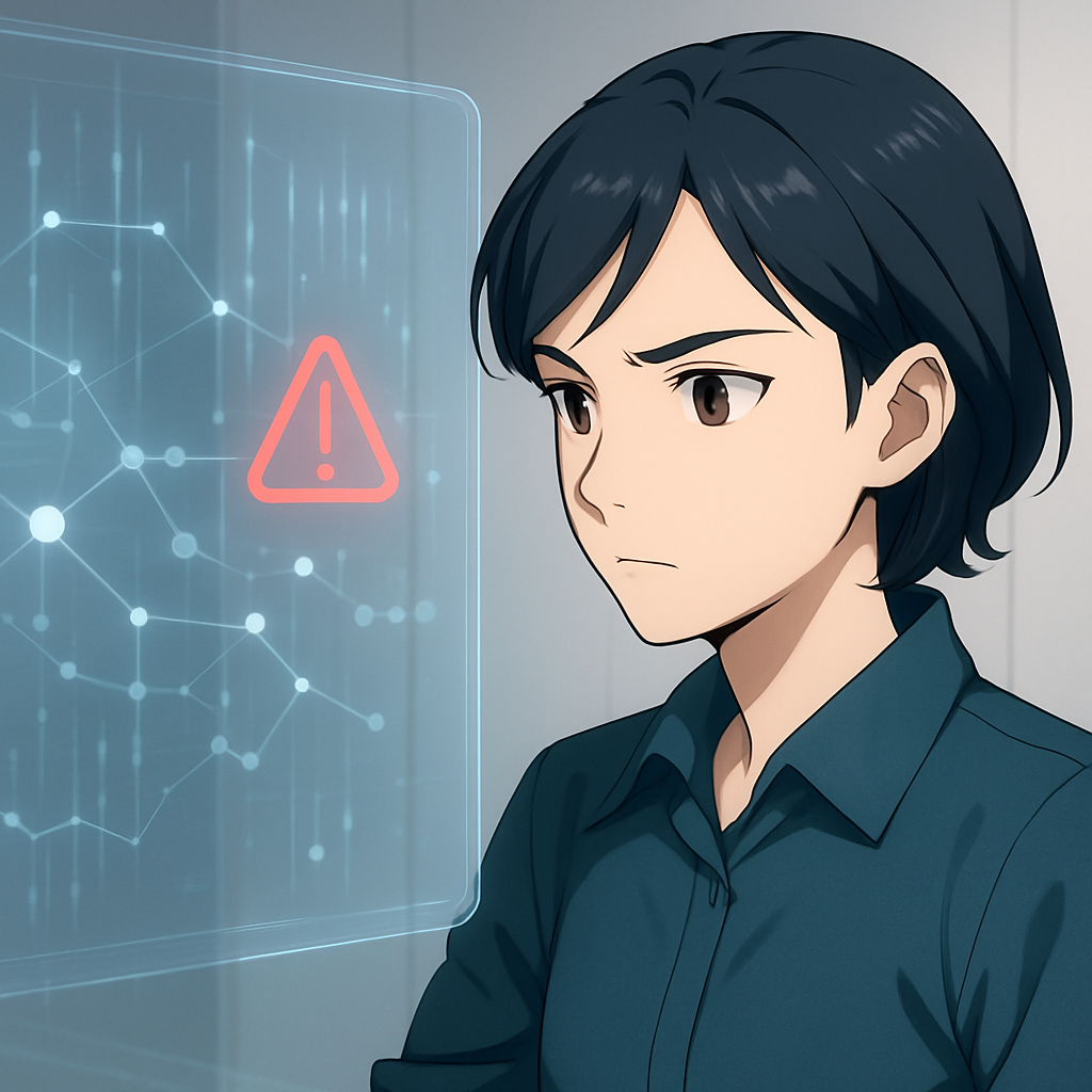 Een anime-personage bekijkt een holografisch scherm met digitale data en een subtiele foutmelding, wat het proces van Veeam back-up probleemoplossing illustreert.