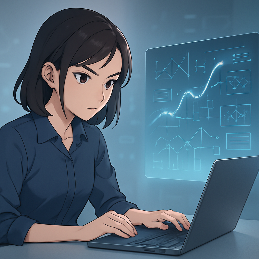 Anime-stijl afbeelding van een jonge vrouw die geconcentreerd naar een scherm kijkt met abstracte datastromen en prestatiegrafieken, wat efficiëntie en controle over back-up systemen symboliseert.