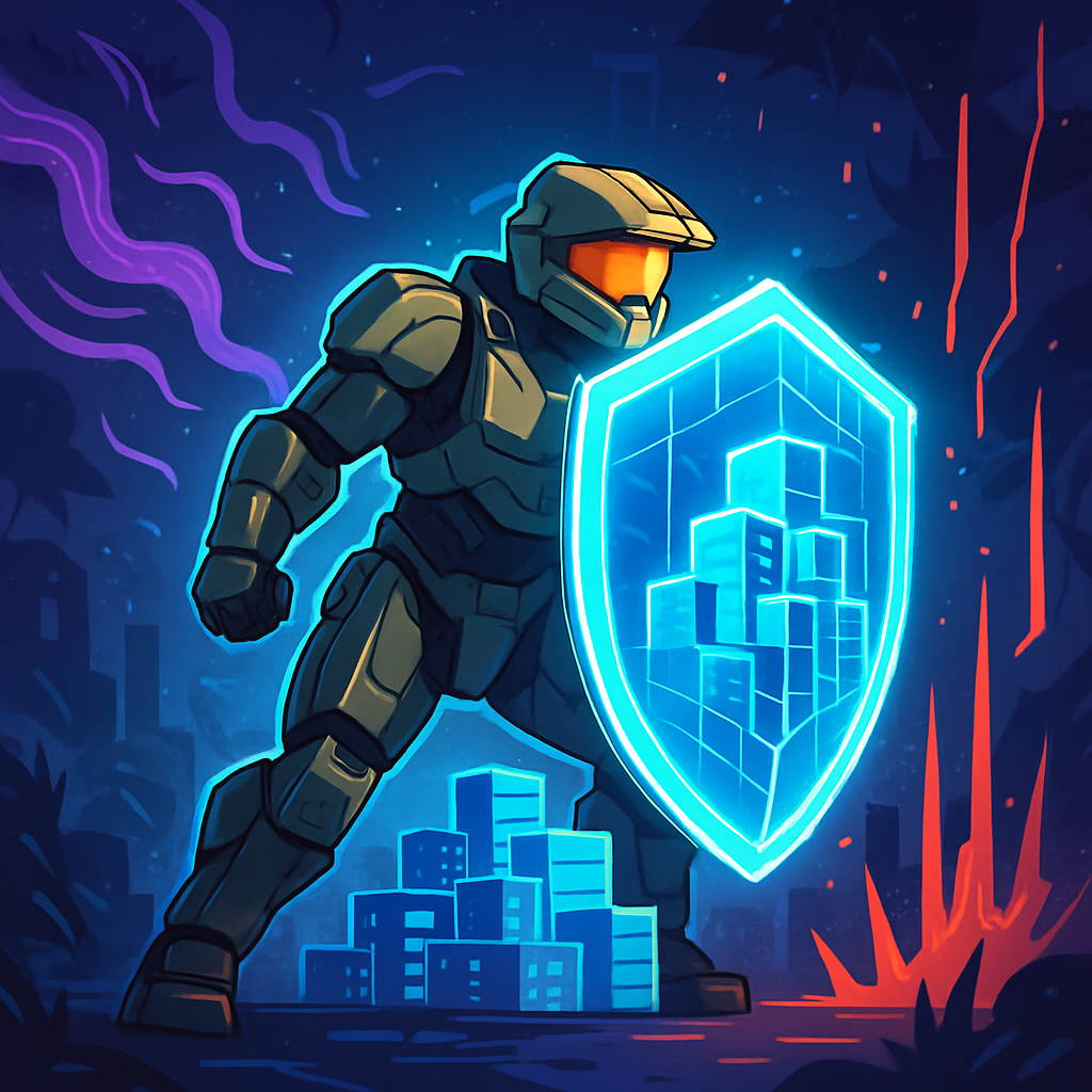 Een anime-stijl afbeelding van een gepantserde figuur, lijkend op Master Chief, die een helder digitaal schild hanteert. Het schild beschermt een futuristische data-vesting tegen inkomende abstracte digitale bedreigingen, gesymboliseerd door energiestralen en spikes, in een digitale jungle-omgeving. De figuur straalt kracht en bescherming uit.