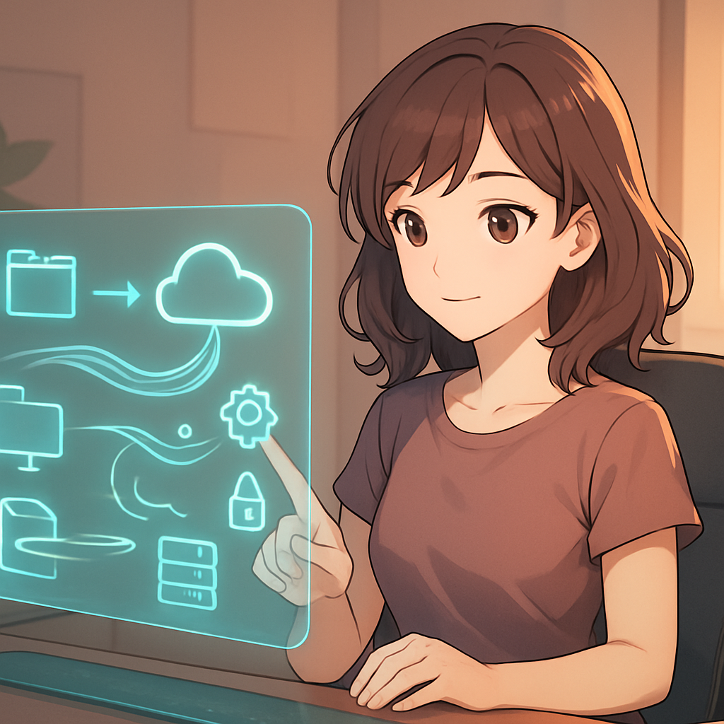 Een anime-stijl illustratie van een vrouw die met een geruststellende glimlach een holografisch scherm bedient. Op het scherm worden data back-up instellingen, zoals bronnen en bestemmingen (cloud, externe schijf), met zachte gloeiende icoontjes weergegeven. De *sfeer* is kalm en focust op gepersonaliseerde databeveiliging.