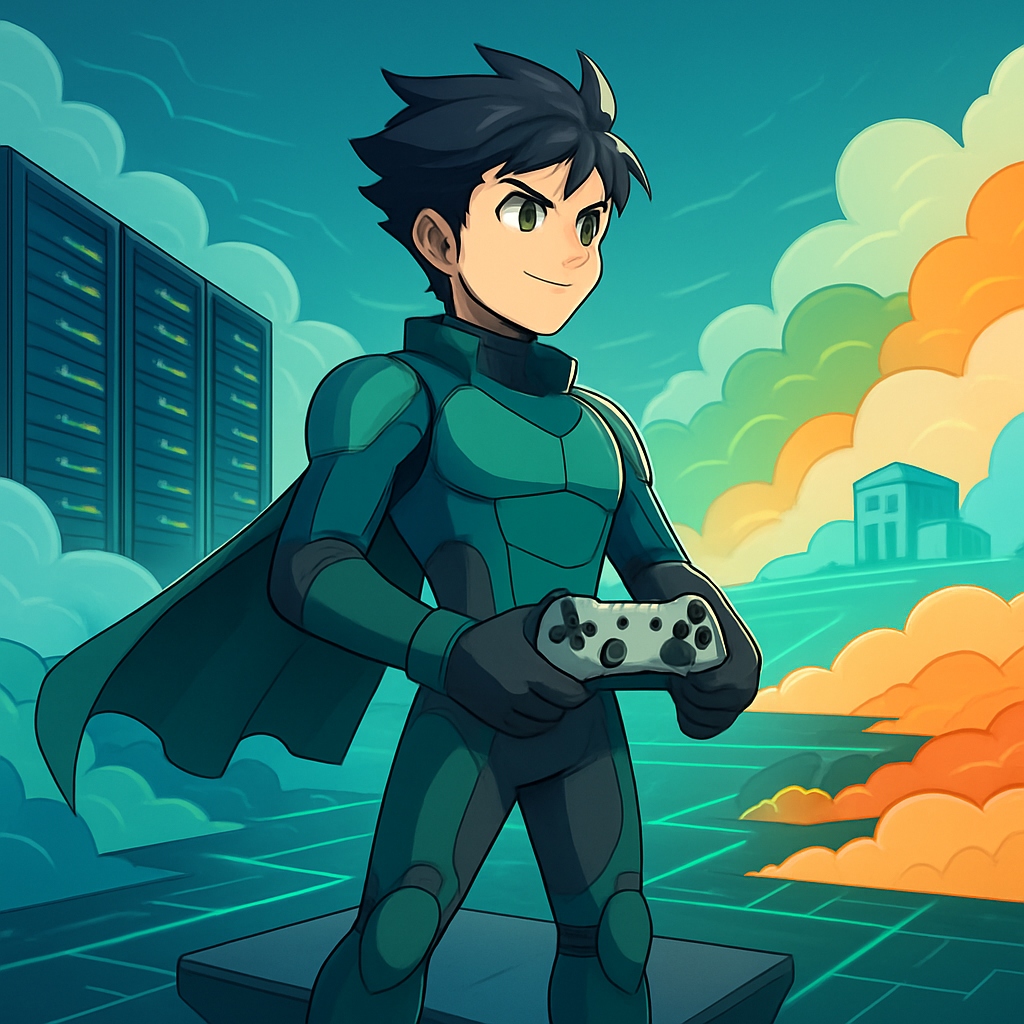 Anime-stijl afbeelding van een held in futuristische kleding met een universele controller, staand op een zwevend platform boven een uitgestrekt, dynamisch digitaal landschap dat on-premise servers en diverse cloud-omgevingen omvat. Op de achtergrond is een kleine digitale structuur die overgaat in een grote digitale stad, symbool voor bedrijfsgroei.