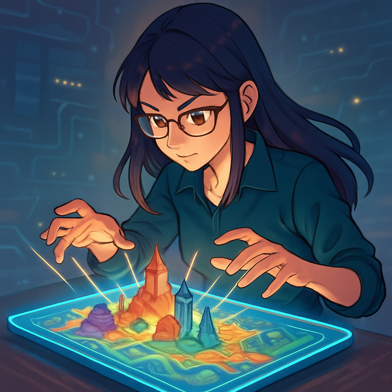 Een anime-stijl illustratie van een jonge vrouw, lijkend op een digitale architect, die geconcentreerd een complex, levendig digitaal landschap ontwerpt op een futuristisch, zwevend touchscreen. Haar handen zijn boven het scherm, en het landschap is rijk aan details, gesymboliseerd door heldere lijnen die van haar vingers naar de virtuele wereld stromen, wat creatieve controle en personalisatie uitbeeldt.