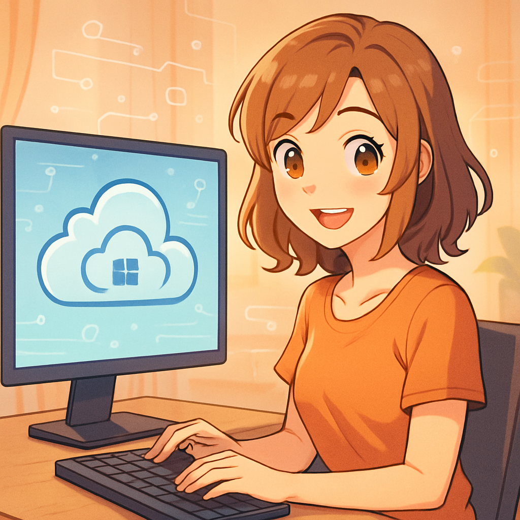 Een vrolijke Merel van Rijn, een jonge vrouw met blond haar en een bril, zit glimlachend voor een computerscherm dat een cloud-pictogram toont. Ze straalt geduld en gemak uit, omringd door abstracte, vriendelijke computerachtige elementen, wat de toegankelijkheid van een Windows VPS benadrukt.