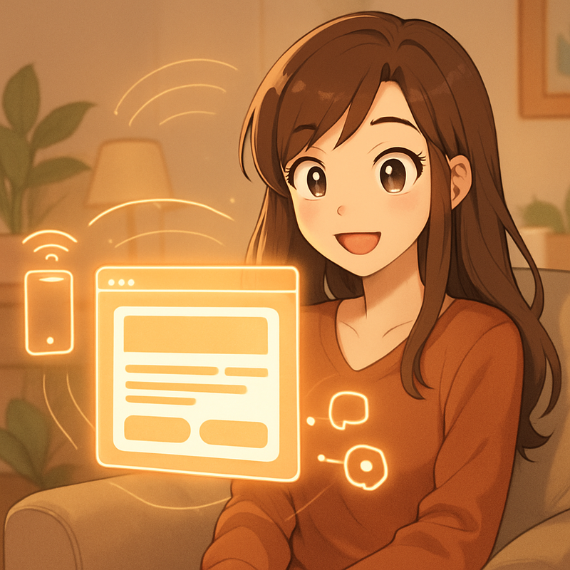 Een vrolijke, anime-stijl vrouw (Merel) zit in een gezellige woonkamer en kijkt naar een zwevende, heldere website-interface, omringd door symbolen van mobielvriendelijkheid, snelheid en sociale sharing.