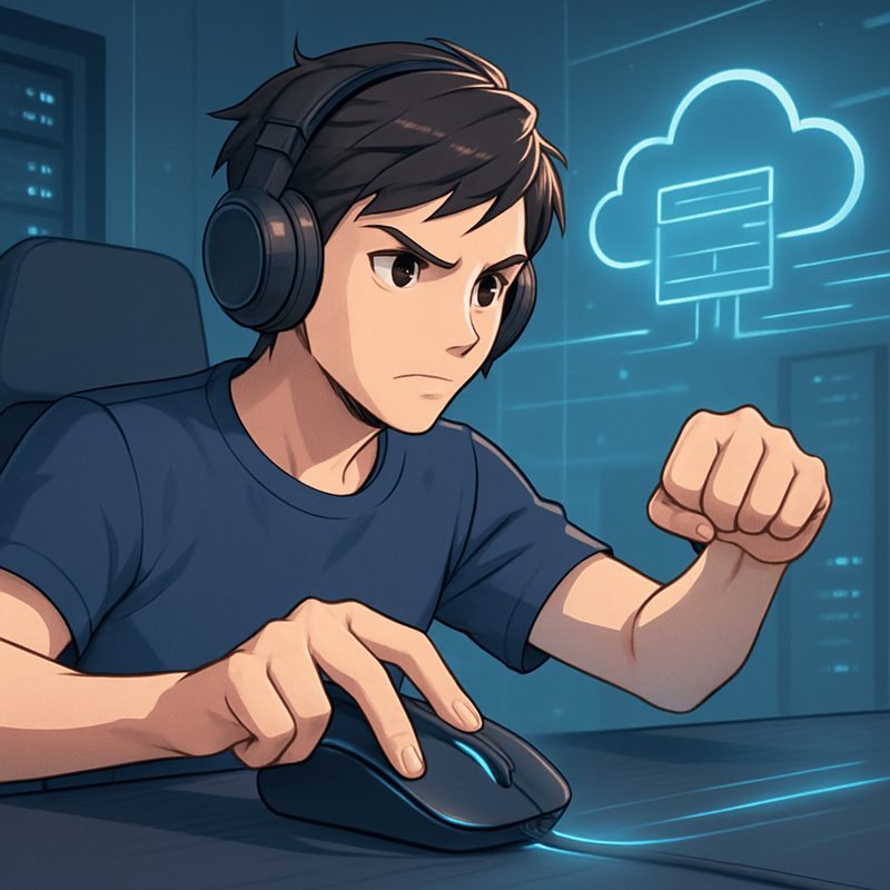 Een anime-personage, geconcentreerd en zelfverzekerd, maakt een snelle muisbeweging die een 'flick shot' imiteert, symboliserend de directe controle over een Windows Cloud VPS. Op de achtergrond lichten virtuele servers op met datastromen, wat de snelheid en efficiëntie van de setup benadrukt.