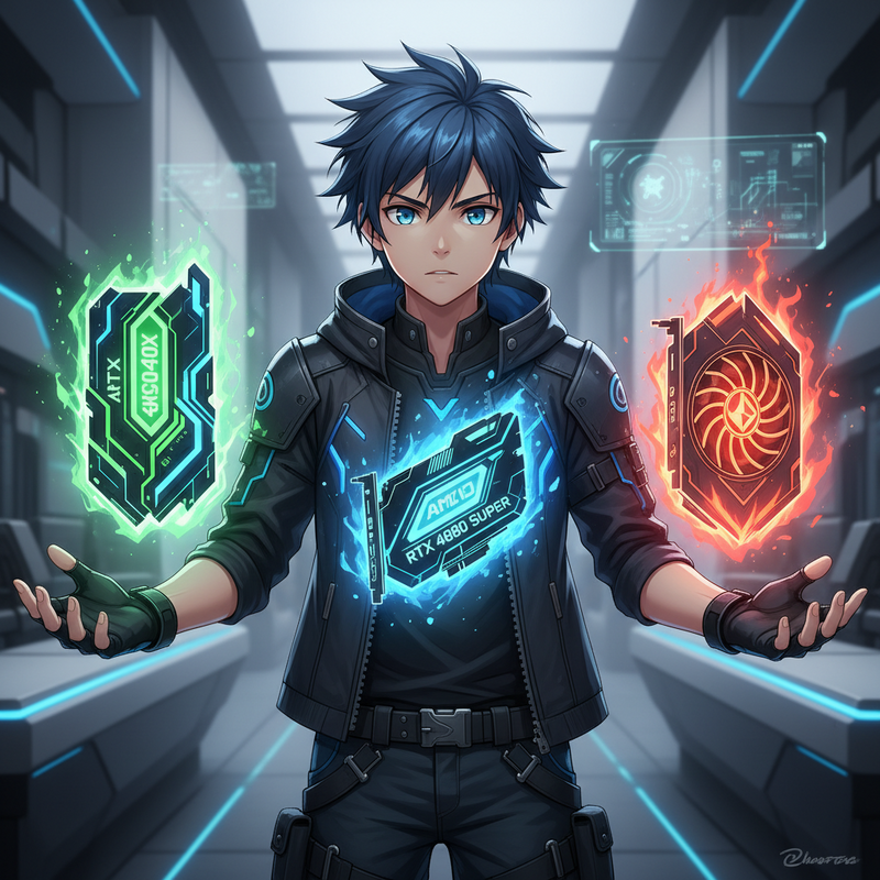 Een anime-stijl illustratie van een gamer die kijkt naar drie futuristische, gloeiende grafische kaarten, elk met een uniek ontwerp en kleur, die de krachtige NVIDIA en AMD 4K gaming GPU's vertegenwoordigen.