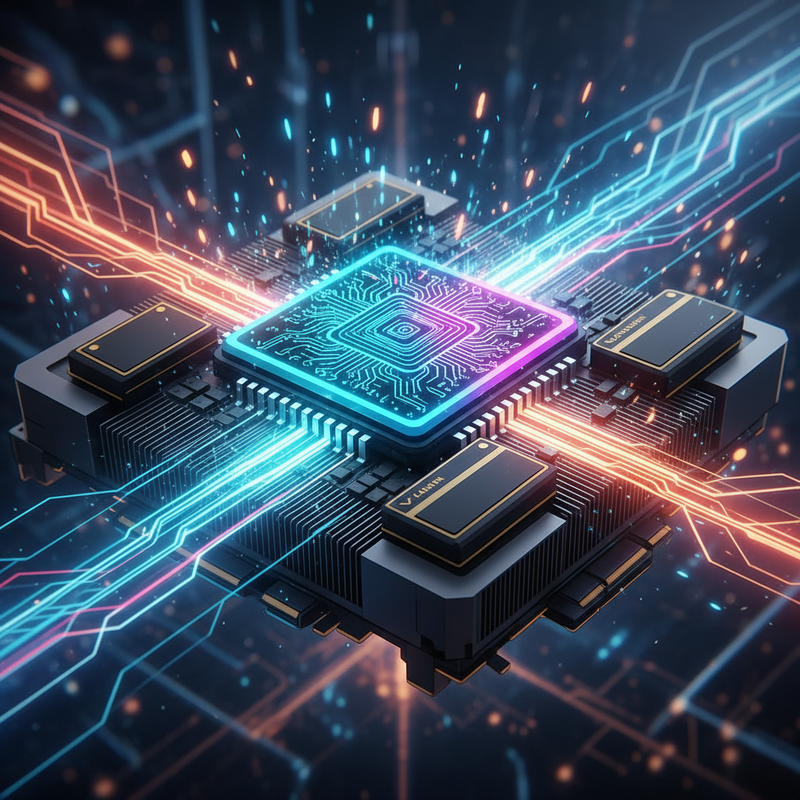 Een anime-stijl illustratie van een geavanceerde grafische kaart. Lichtgevende lijnen symboliseren datastromen tussen een grote VRAM-chip, een brede geheugenbus en een complexe GPU-processor. De achtergrond toont subtiel 4K-gamebeelden.