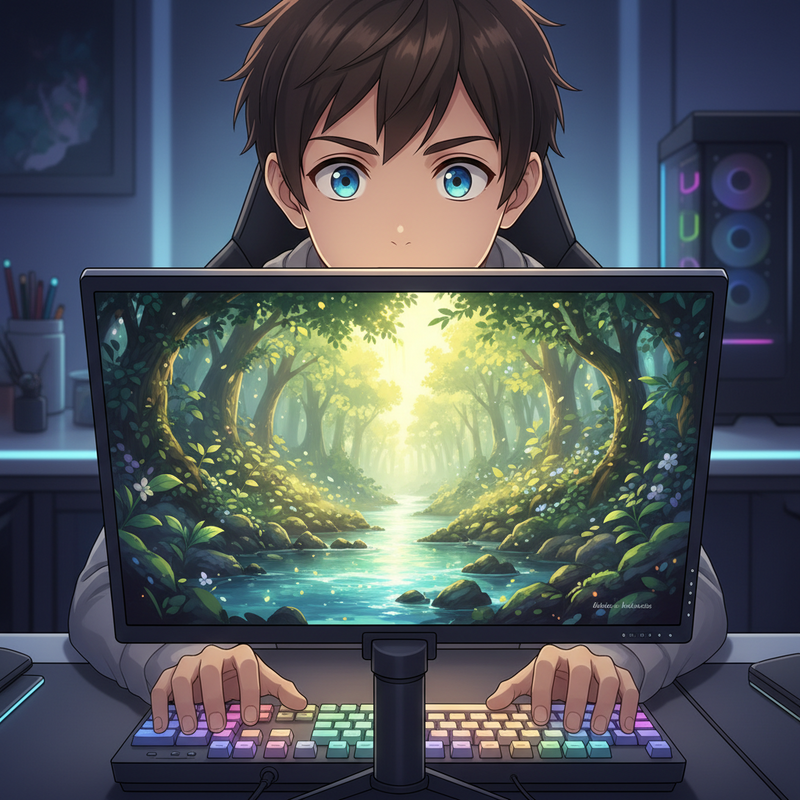 Een anime-stijl afbeelding van een gamer met verbazing in de ogen die kijkt naar een monitor waarop een ongelooflijk gedetailleerde en levendige game-scène wordt weergegeven.