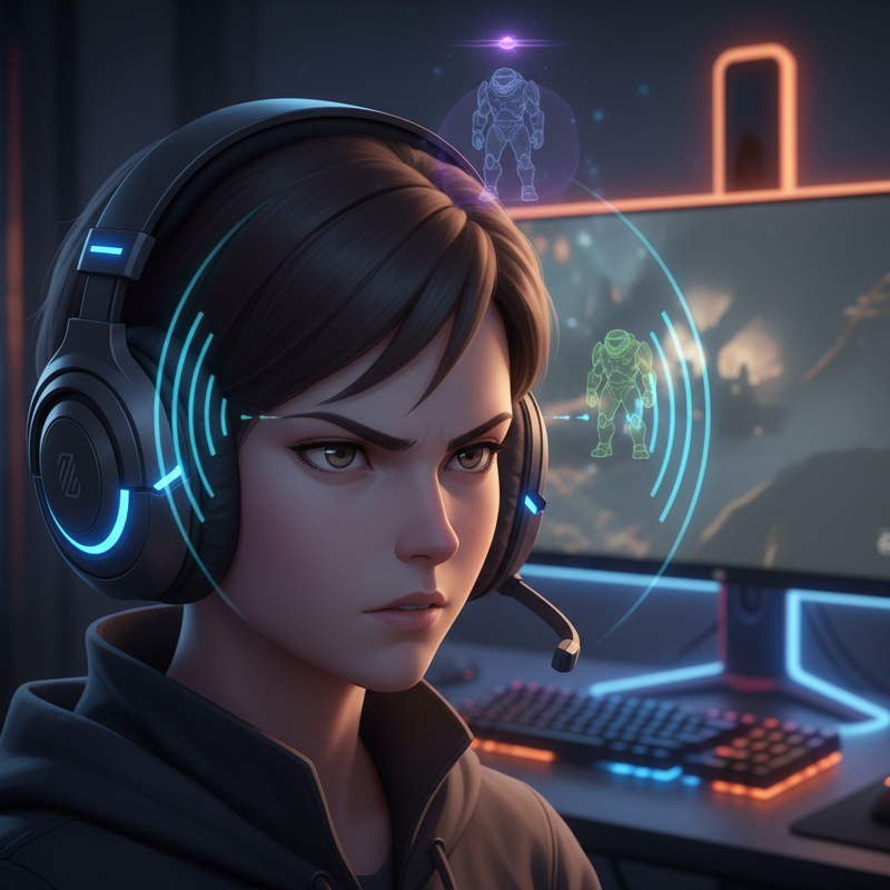 Een anime-personage met een gaming headset, geconcentreerd luisterend, met visuele representaties van geluidsgolven en vijandelijke aanwezigheid om hen heen, zoals zachte voetstappen of ritselende bladeren, in een schone gamingomgeving.
