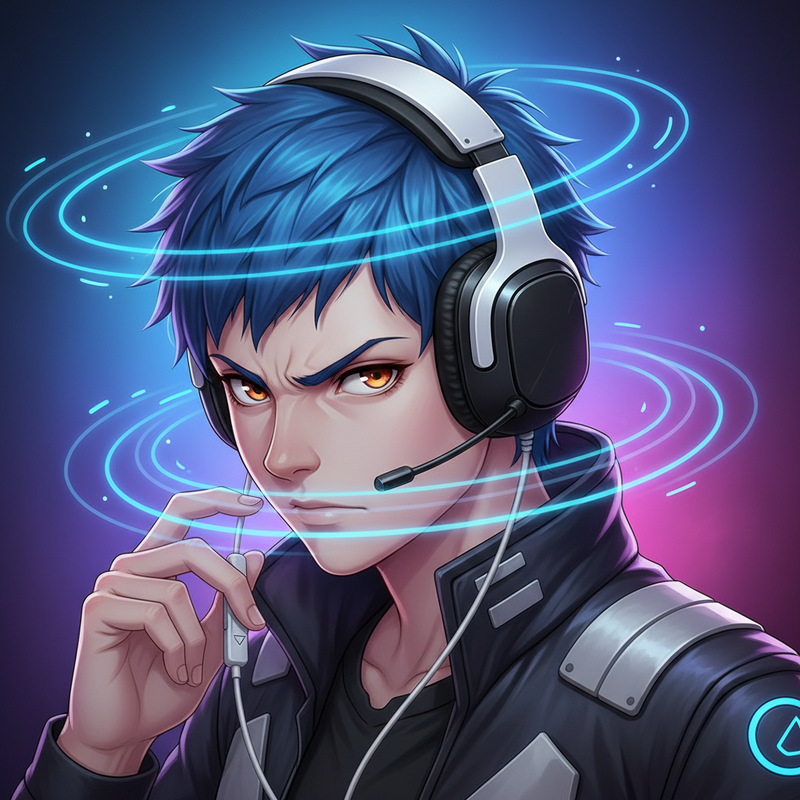 Een anime-stijl illustratie van een geconcentreerde gamer die een gaming headset draagt. Subtiele geluidsgolven zweven rond hun hoofd, wat virtueel surround sound symboliseert.
