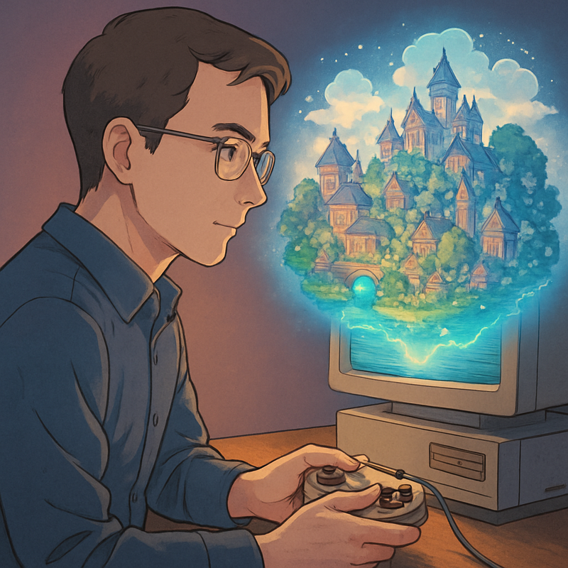 Een rustige man in anime stijl kijkt naar een zwevende, gedetailleerde virtuele wereld boven zijn monitor, met een klassieke controller in zijn handen. Het beeld symboliseert de noodzaak van SEO als digitale fundering.