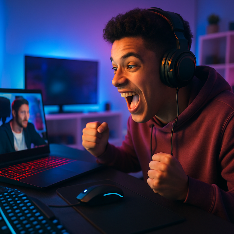 Jonge gamer kijkt livestream met gaming-accessoires in moderne kamer