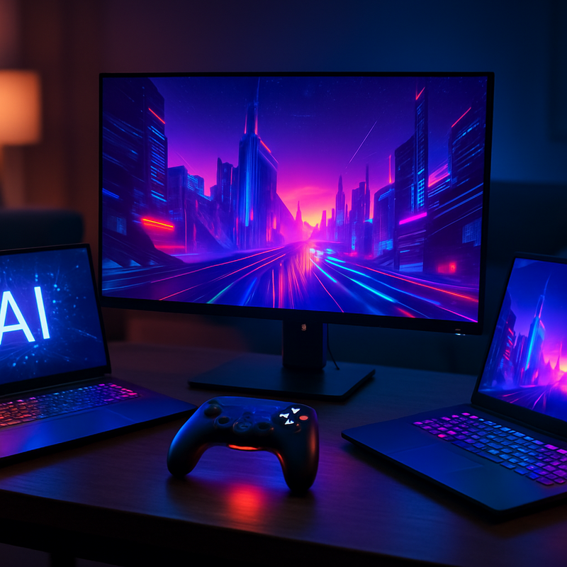 Gaming setup met AI-geïntegreerde laptop, RGB OLED monitor en controllers op bureau