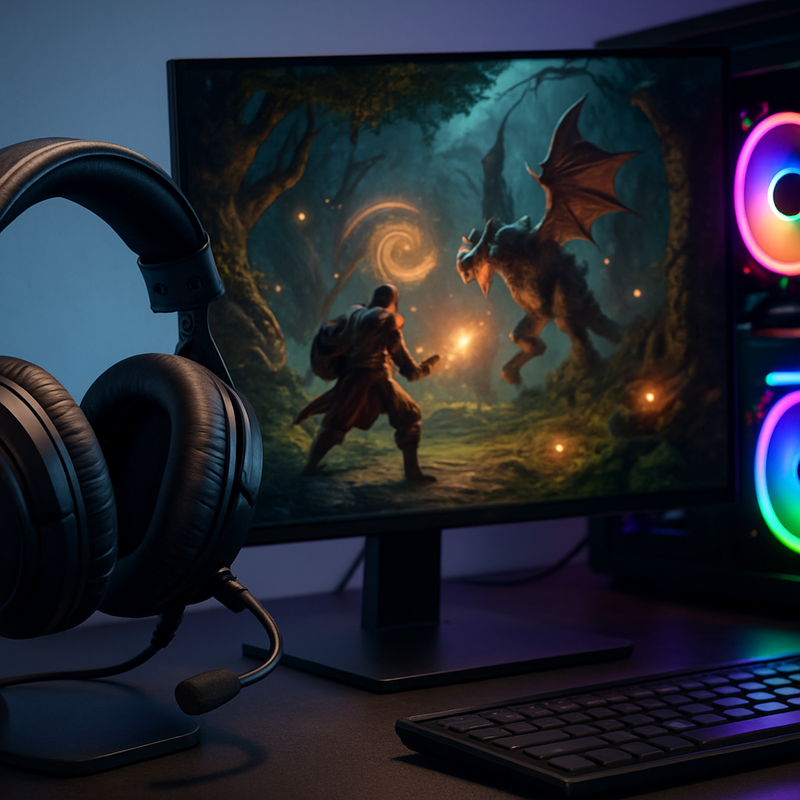 Gaming setup met headset, rgb-pc en game op scherm met focus op audio-ervaring