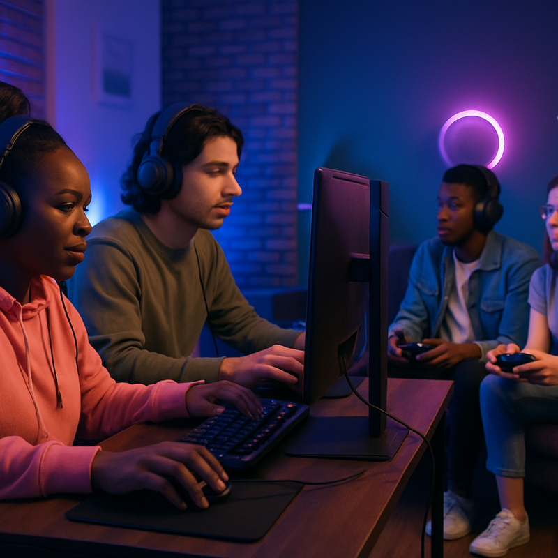 Diverse groep gamers speelt samen op gaming-pc's en consoles in een moderne ruimte met LED-verlichting.