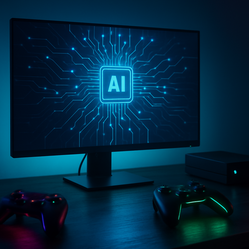 Moderne gaming setup met high-end monitor en virtuele AI-interface