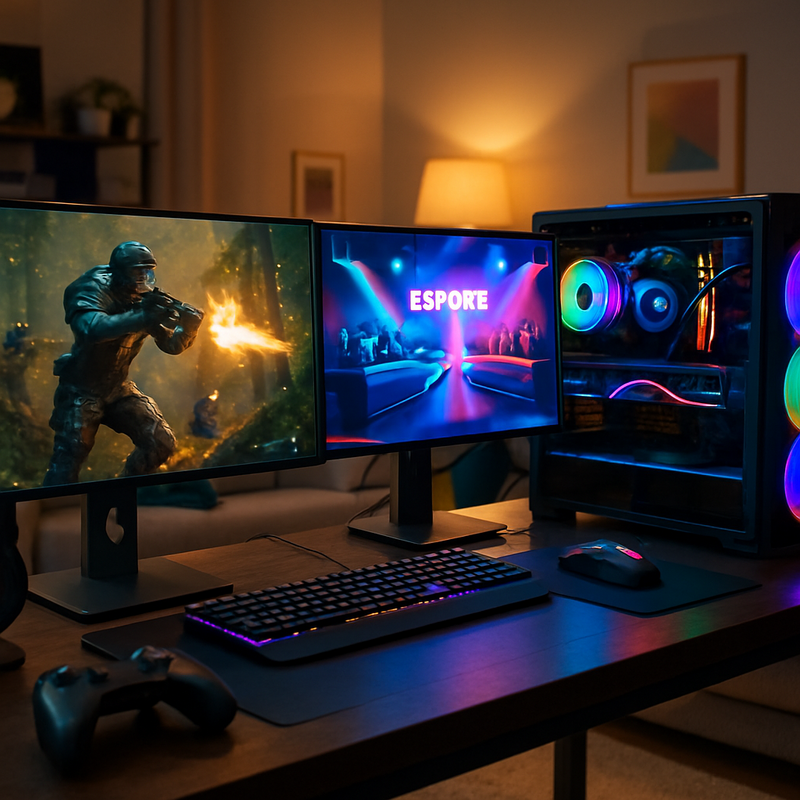Moderne gaming setup met dual monitors en gaming PC in huis