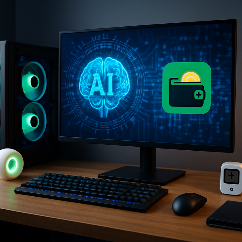Gaming pc met AI-interface en symbolen voor energieverbruik en geldbeheer.