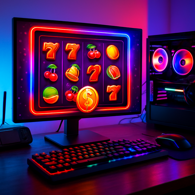Gaming setup met heldere casino-stijl visuals, gaming PC, handheld console en WiFi-router
