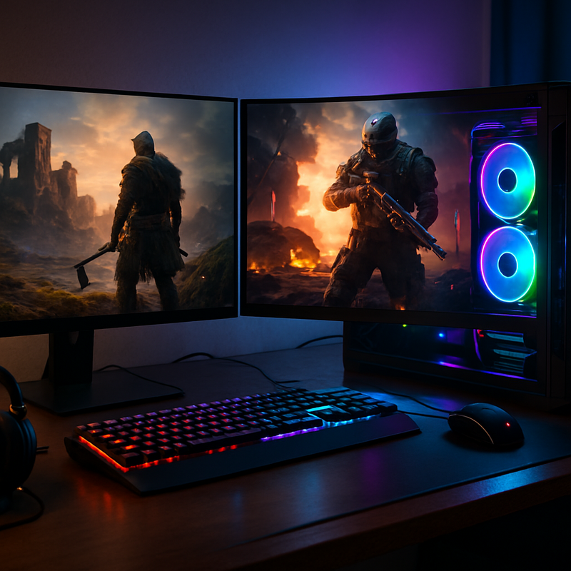 Gamer met high-end pc en dual monitors die cineastische gamebeelden toont