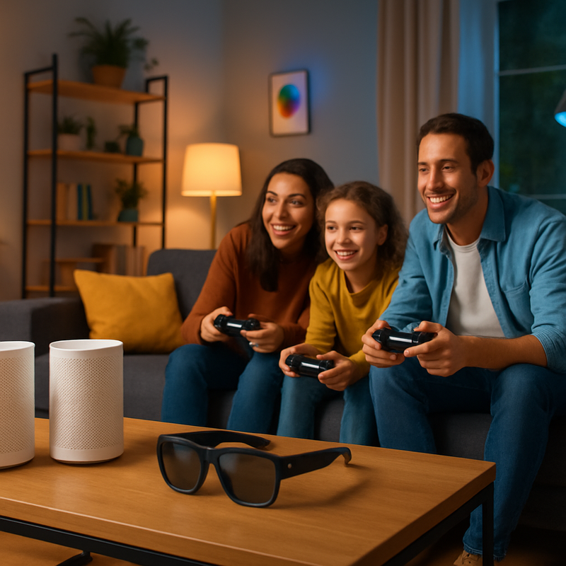 Gezin speelt games in slimme woonkamer met AR-brillen en mesh wifi-router