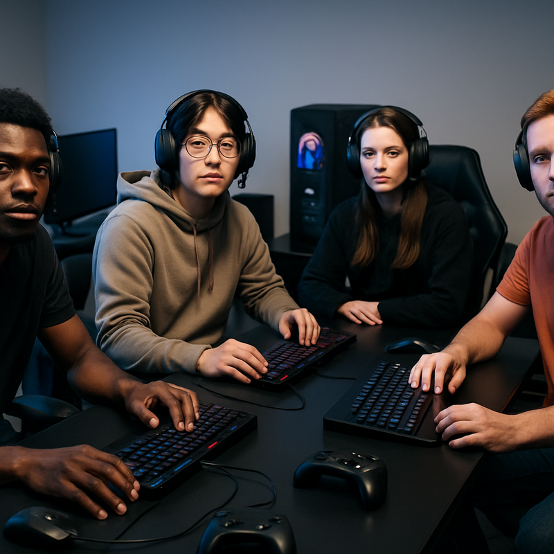 Diverse gamers spelen op gamingcomputers in een neutrale, cultureel onopvallende ruimte