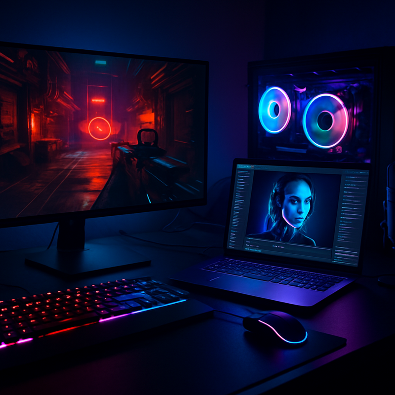 Moderne gaming setup met 1000 Hz monitor en AI-streaming laptop, kleurrijke RGB-verlichting en accessoires.