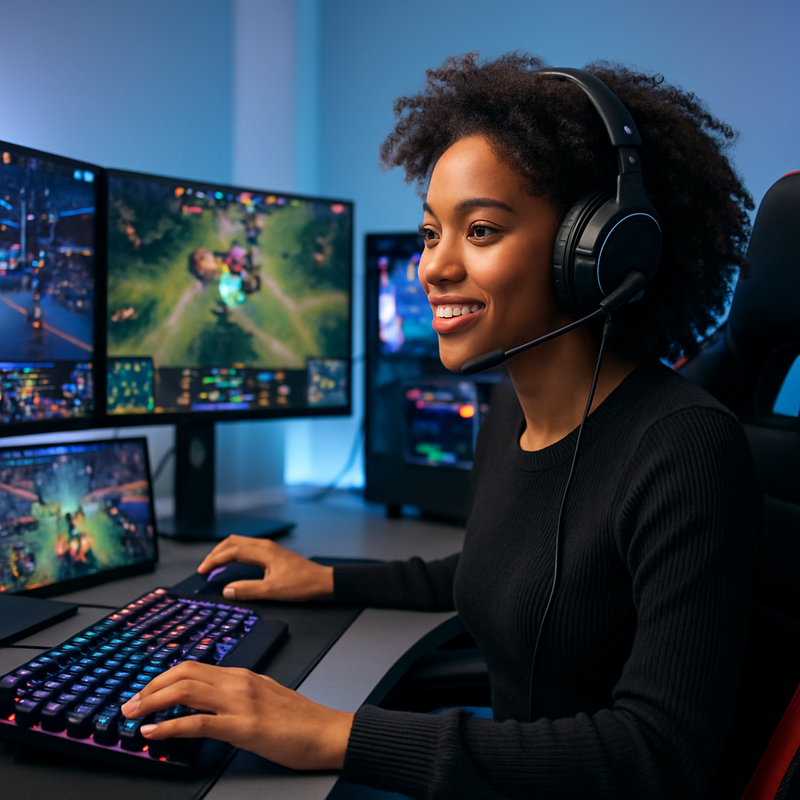 Jonge vrouw speelt op een moderne gaming-pc met ergonomische muis en headset, diverse schermen tonen esports.