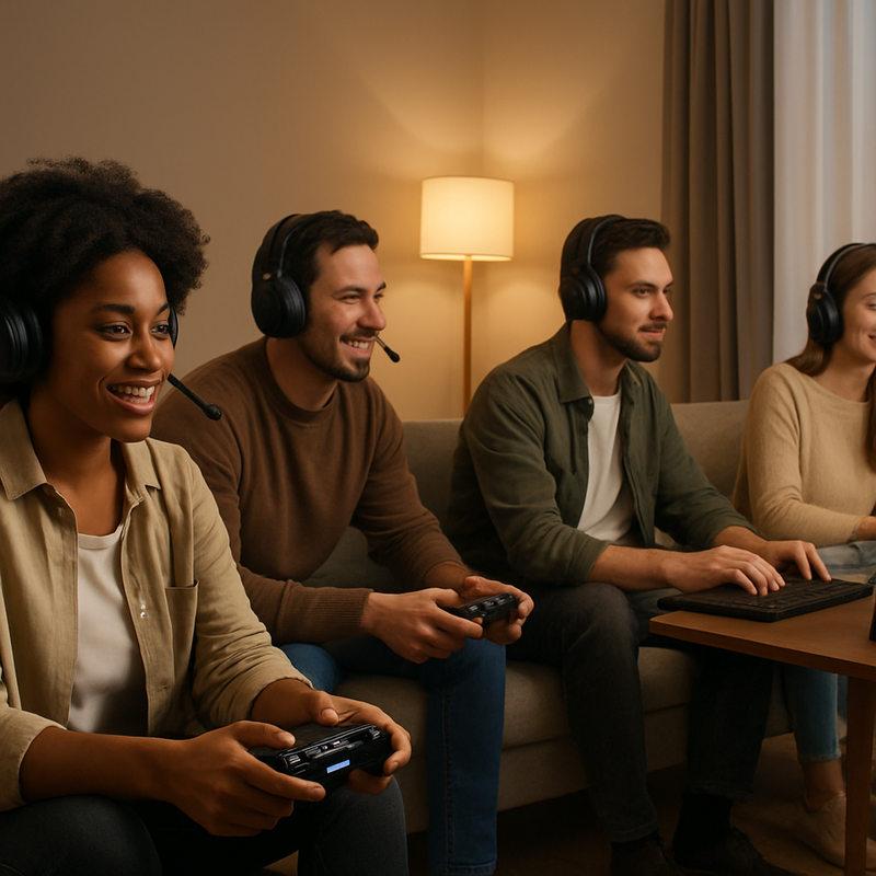 Diverse groep gamers met ergonomische stoelen en compacte gaming hardware in een moderne woonkamer