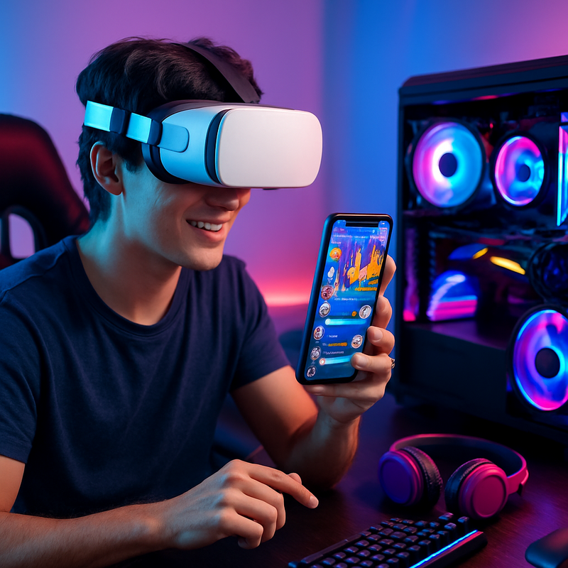 Persoon speelt videogames met VR-headset en gebruikt social media op smartphone, omringd door gaming gadgets