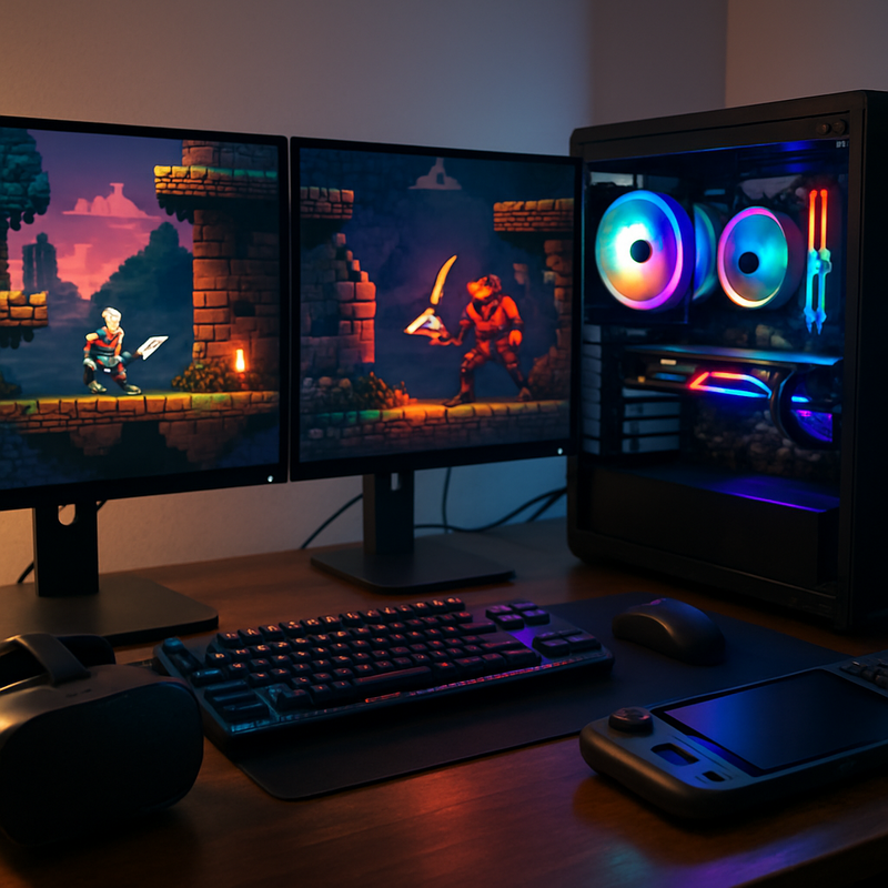 Moderne gaming setup met RGB-pc, monitors met indie-game beelden en diverse gaming gadgets