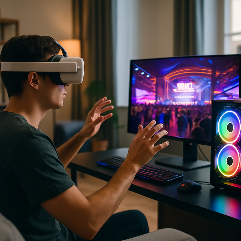Gamer met wireless VR headset en gaming-pc in Nederlandse woonkamer tijdens virtueel event