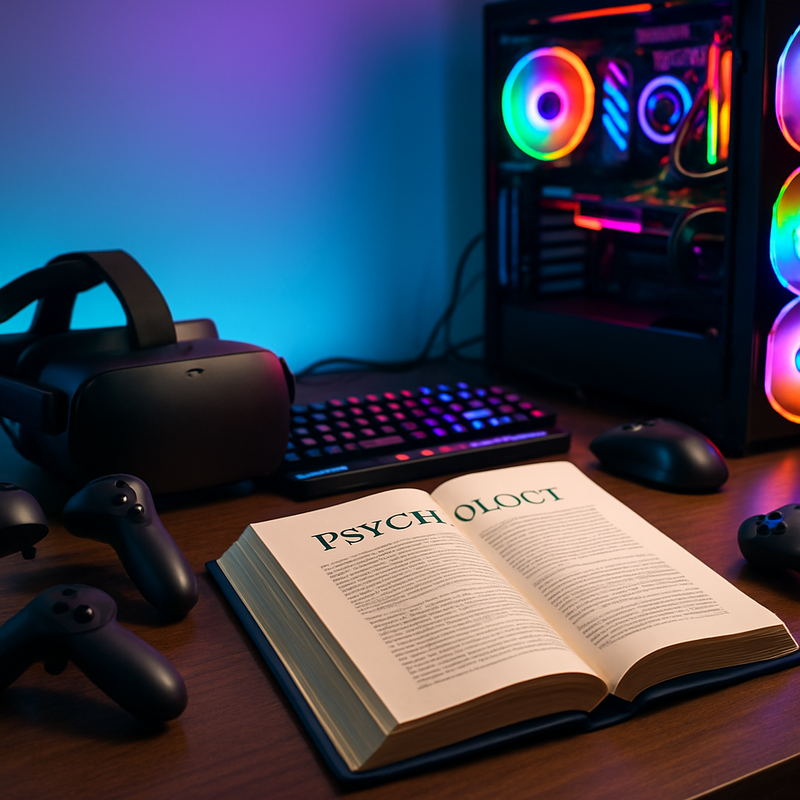 Gamingcomputer en accessoires met een open psychologieboek die de koppeling tussen gamedesign en persoonlijke financiën toont