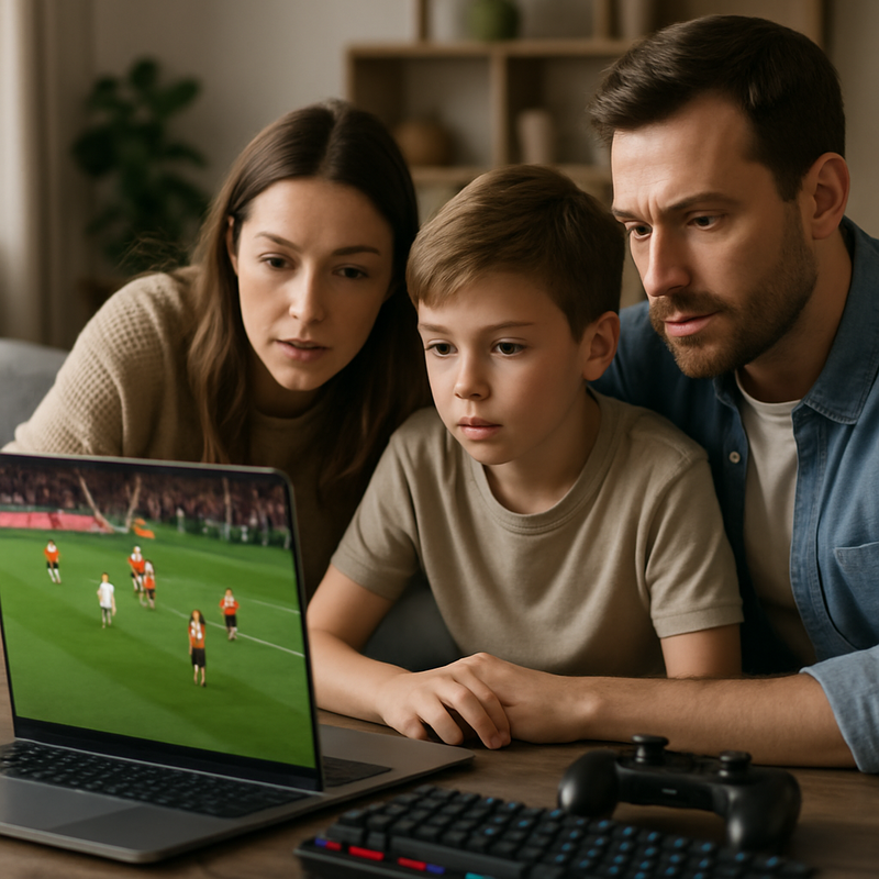 Familie bekijkt sportuitzending met gokreclame op laptop, gaming gadgets op tafel.