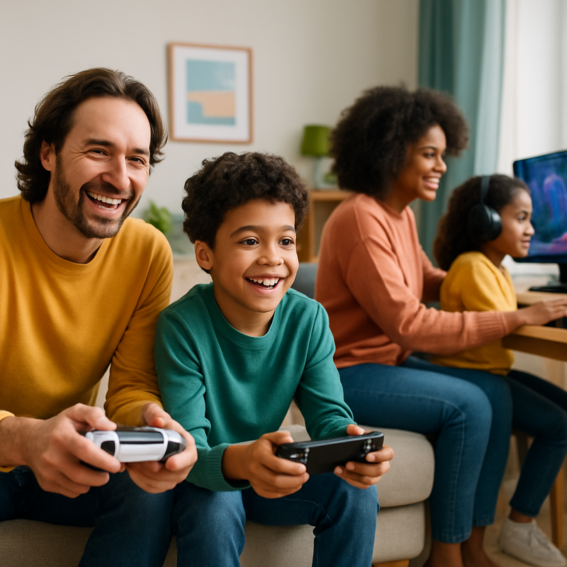 Gezin speelt samen videogames op PS5, gaming pc en handheld apparaat in moderne woonkamer