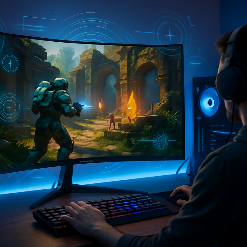 Gamer gebruikt Samsung Odyssey 3D-monitor zonder bril met AR-effecten in een moderne gamingruimte.