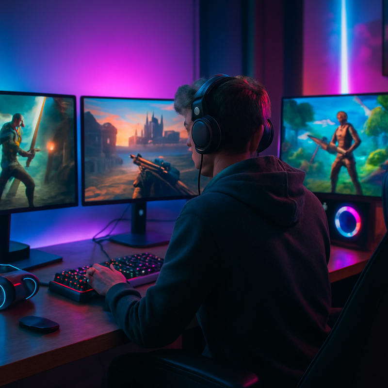 Jonge gamer achter een modern gaming setup met RGB verlichting en meerdere schermen
