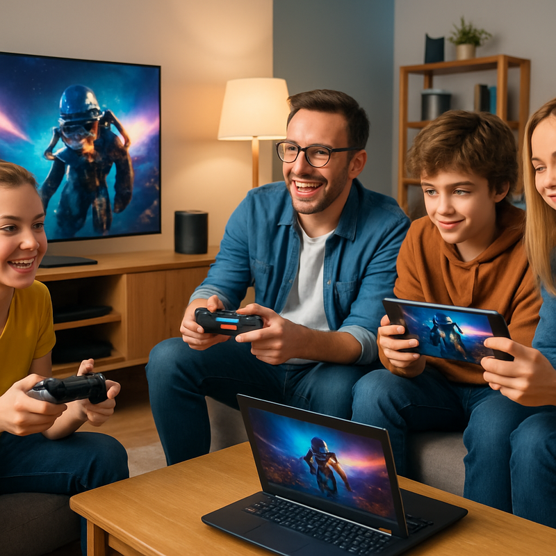 Gezin speelt videogames via cloud gaming op diverse apparaten thuis