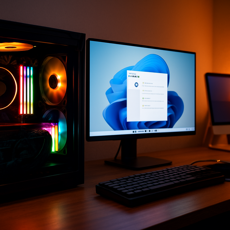 Moderne gaming PC met RGB RAM en Windows 11 instellingen op scherm, samen met een all-in-one computer