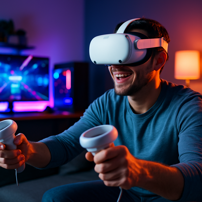 Persoon met VR-headset en controllers speelt een immersieve game thuis