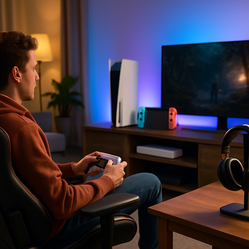 Gaming setup met gaming stoel, headset, PS5 en Nintendo Switch 2 in een sfeervol verlichte kamer
