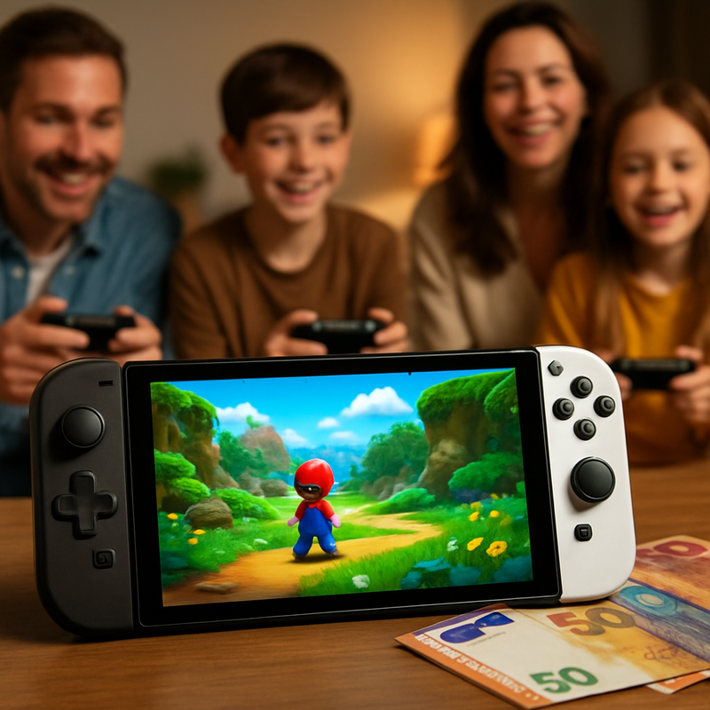 Nintendo Switch 2 console met spelbeeld en euro bankbiljetten op een tafel, familie achtergrond