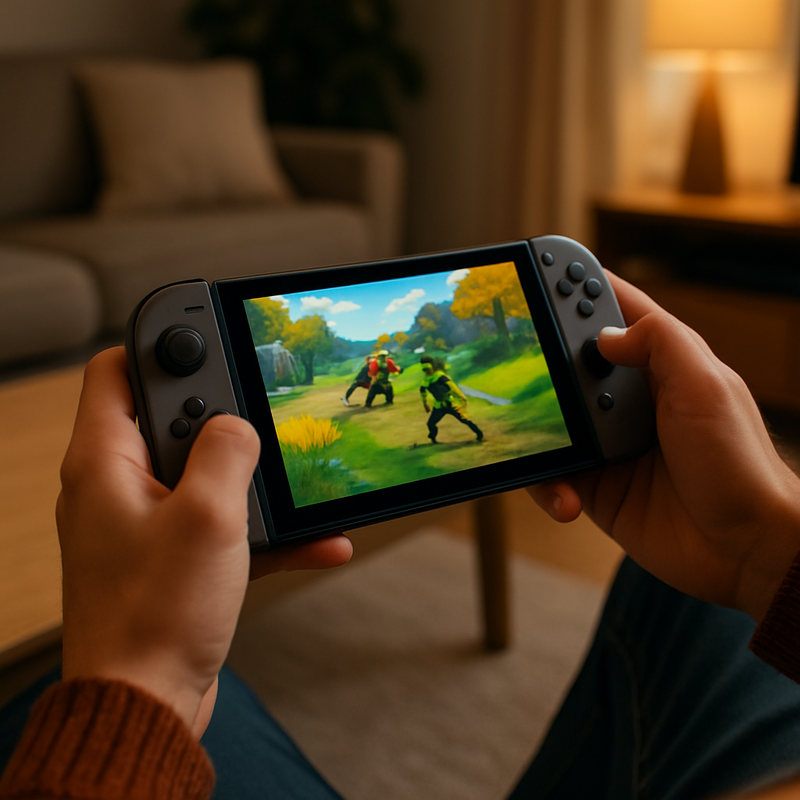 Persoon speelt Nintendo Switch 2 handheld console in woonkamer
