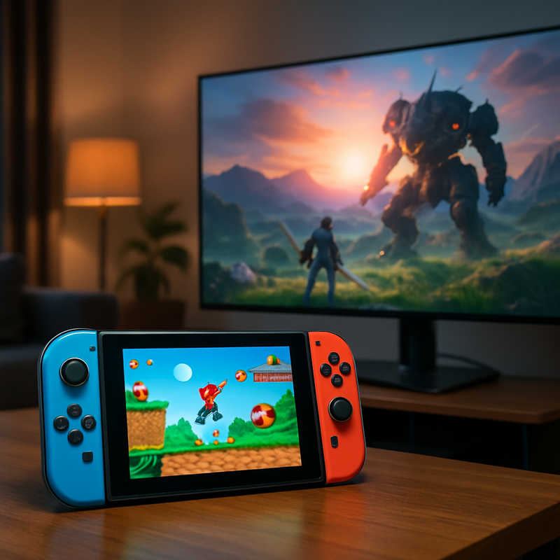 Nintendo Switch 2 console naast een high-end gaming monitor in een woonkamer