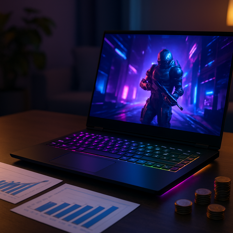 Gaminglaptop met RGB-verlichting en financiële symbolen op een bureau