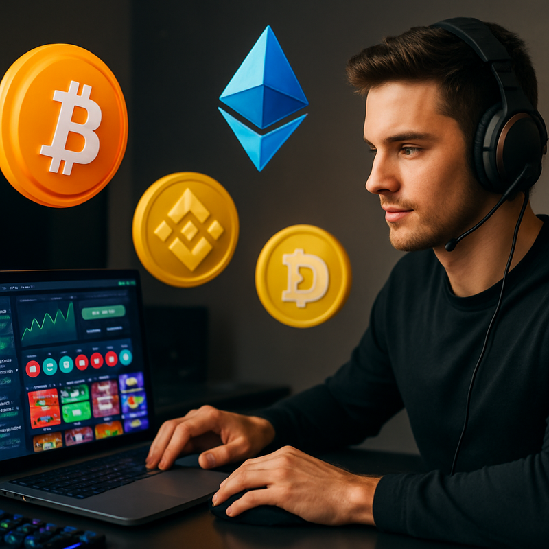 Gamer die aan een laptop crypto casino dashboard bekijkt met digitale cryptocurrency symbolen